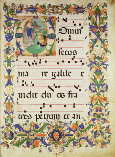 Missal 515 f.1r Page of choral music with an historiated initial 